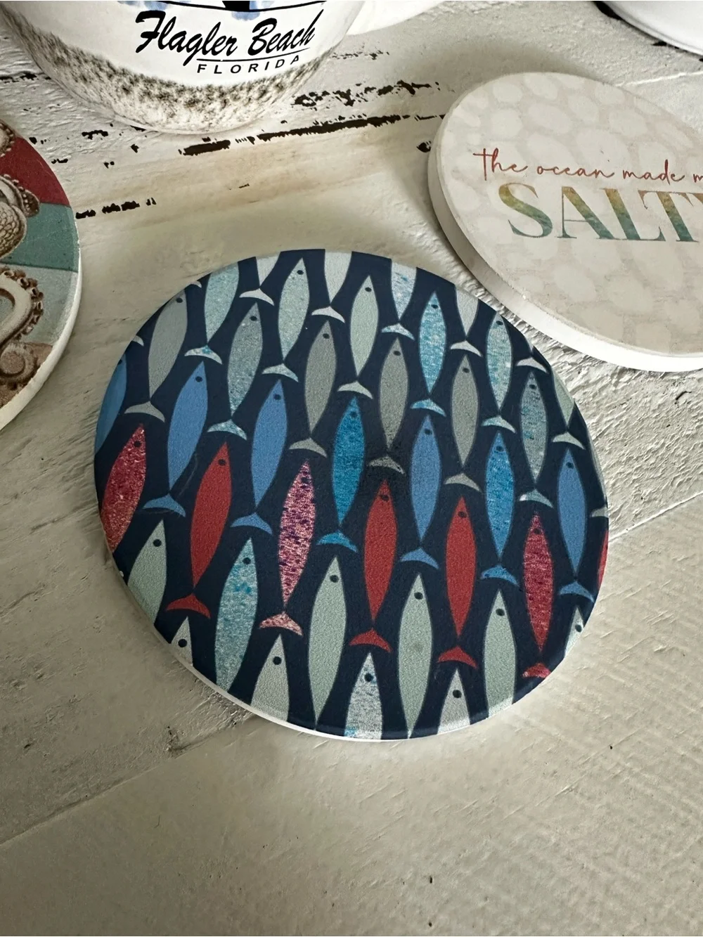 Blue & Cream Ceramic Palm Tree Mug with Coastal Coasters Bundle